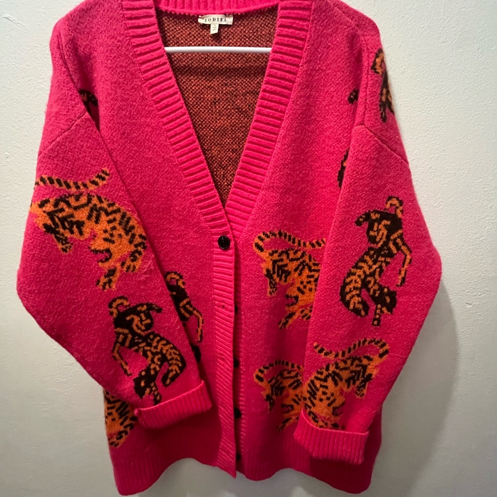 JODIFL Women's Pink Cardigan with Leopard Design